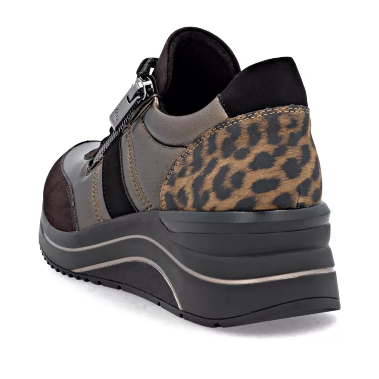 Baskets bronze et léopard pour femme de la marque Remonte. Référence D0T09-91 Bronze. Disponible chez Chauss'Family magasin de chaussures à Issoire.