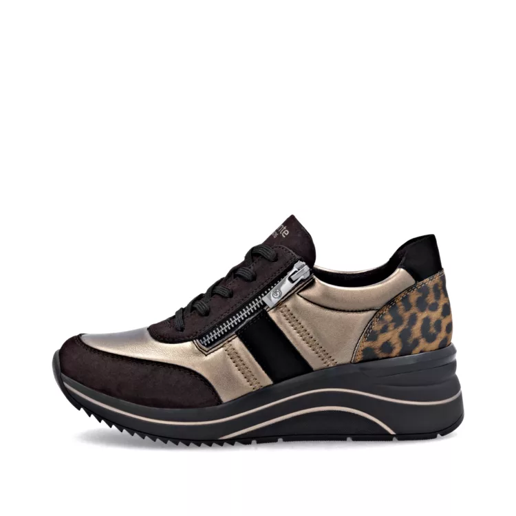 Baskets bronze et léopard pour femme de la marque Remonte. Référence D0T09-91 Bronze. Disponible chez Chauss'Family magasin de chaussures à Issoire.
