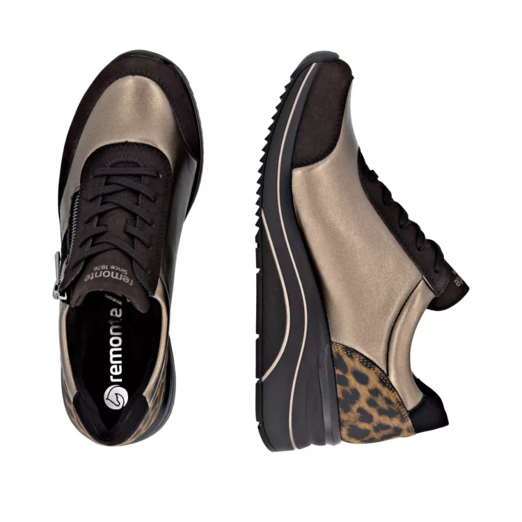 Baskets bronze et léopard pour femme de la marque Remonte. Référence D0T09-91 Bronze. Disponible chez Chauss'Family magasin de chaussures à Issoire.
