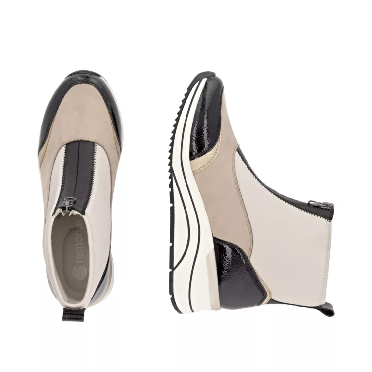Chaussures montantes beige et noir pour femme de la marque Remonte. Référence D0T78-60 Beige Noir. Disponible chez Chauss'Family magasin chaussures Issoire.