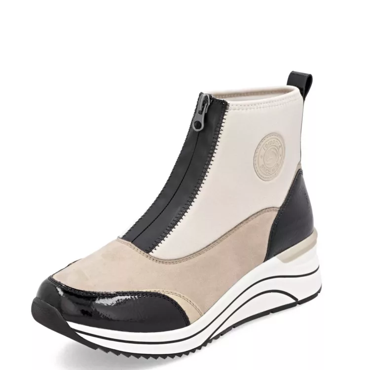 Chaussures montantes beige et noir pour femme de la marque Remonte. Référence D0T78-60 Beige Noir. Disponible chez Chauss'Family magasin chaussures Issoire.
