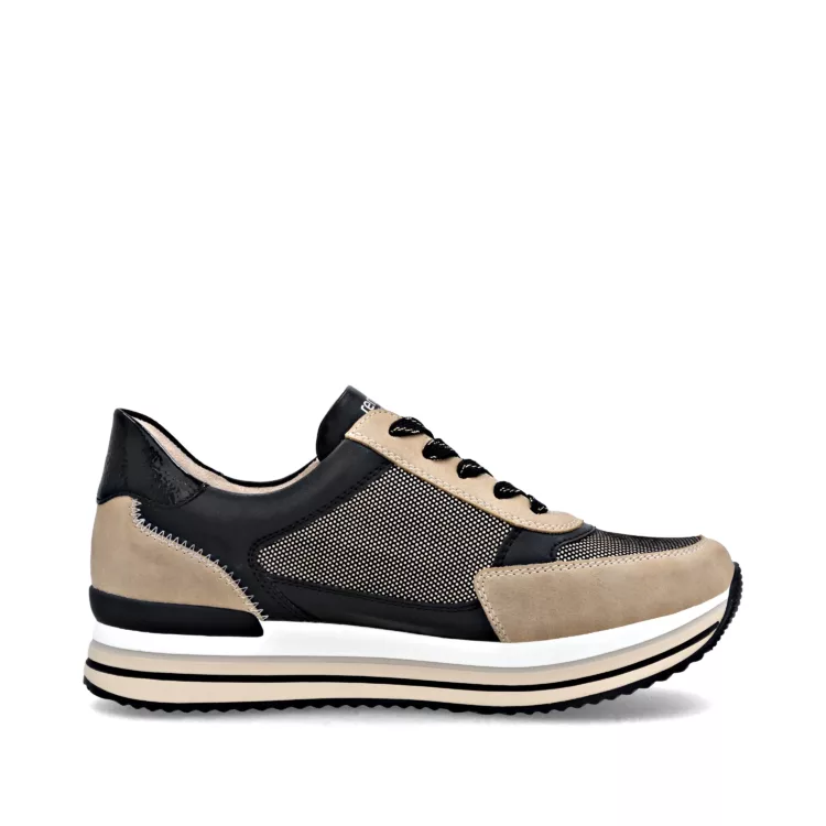 Baskets beige et noire de la marque Remonte pour femme. Référence D1328-04 Beige et Noir. Disponible chez Chauss'Family magasin de chaussures à Issoire.
