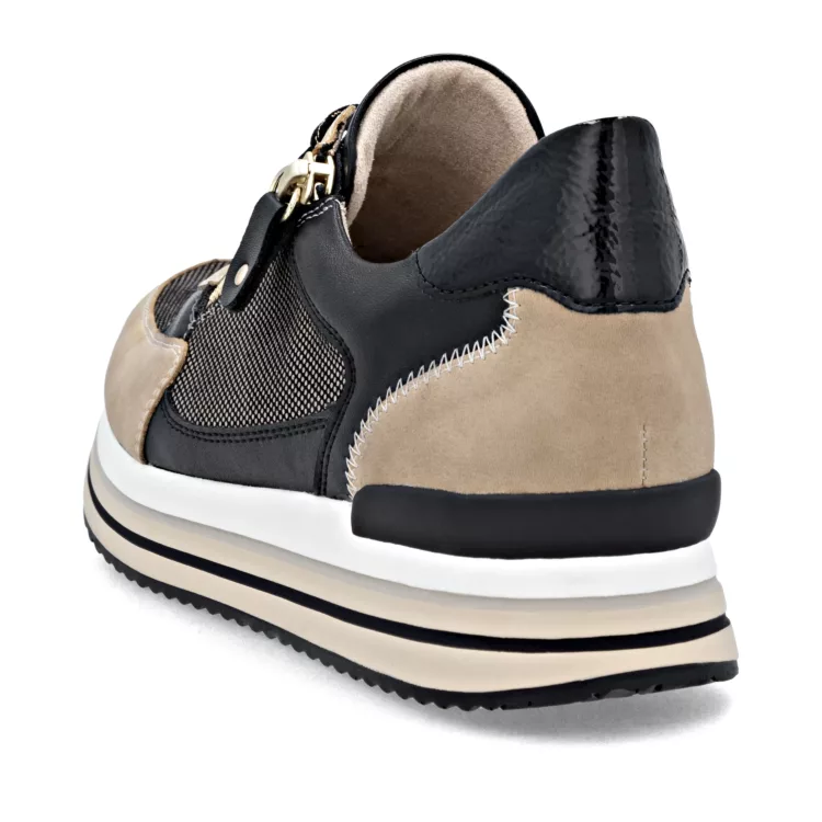 Baskets beige et noire de la marque Remonte pour femme. Référence D1328-04 Beige et Noir. Disponible chez Chauss'Family magasin de chaussures à Issoire.