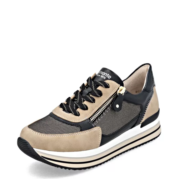 Baskets beige et noire de la marque Remonte pour femme. Référence D1328-04 Beige et Noir. Disponible chez Chauss'Family magasin de chaussures à Issoire.