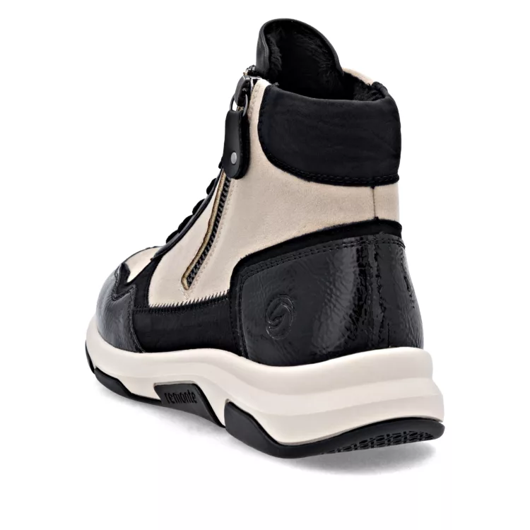 Baskets montantes noir et beige pour femme marque Remonte. Référence D1S70-04 Noir. Disponible chez Chauss'Family magasin de chaussures à Issoire.