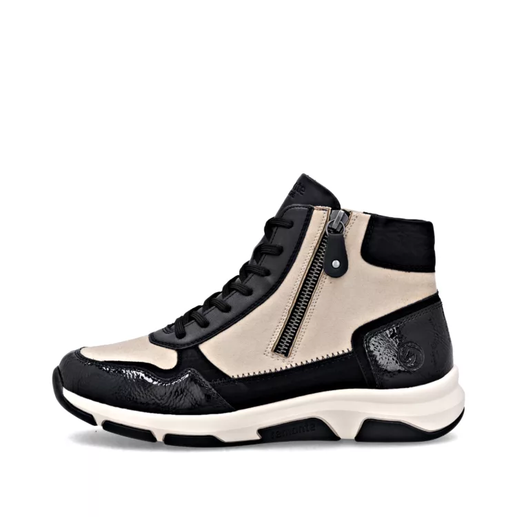 Baskets montantes noir et beige pour femme marque Remonte. Référence D1S70-04 Noir. Disponible chez Chauss'Family magasin de chaussures à Issoire.