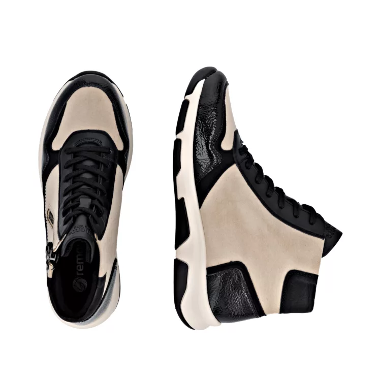 Baskets montantes noir et beige pour femme marque Remonte. Référence D1S70-04 Noir. Disponible chez Chauss'Family magasin de chaussures à Issoire.