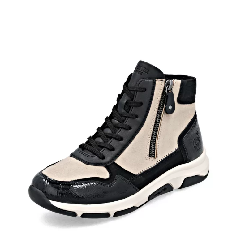 Baskets montantes noir et beige pour femme marque Remonte. Référence D1S70-04 Noir. Disponible chez Chauss'Family magasin de chaussures à Issoire.