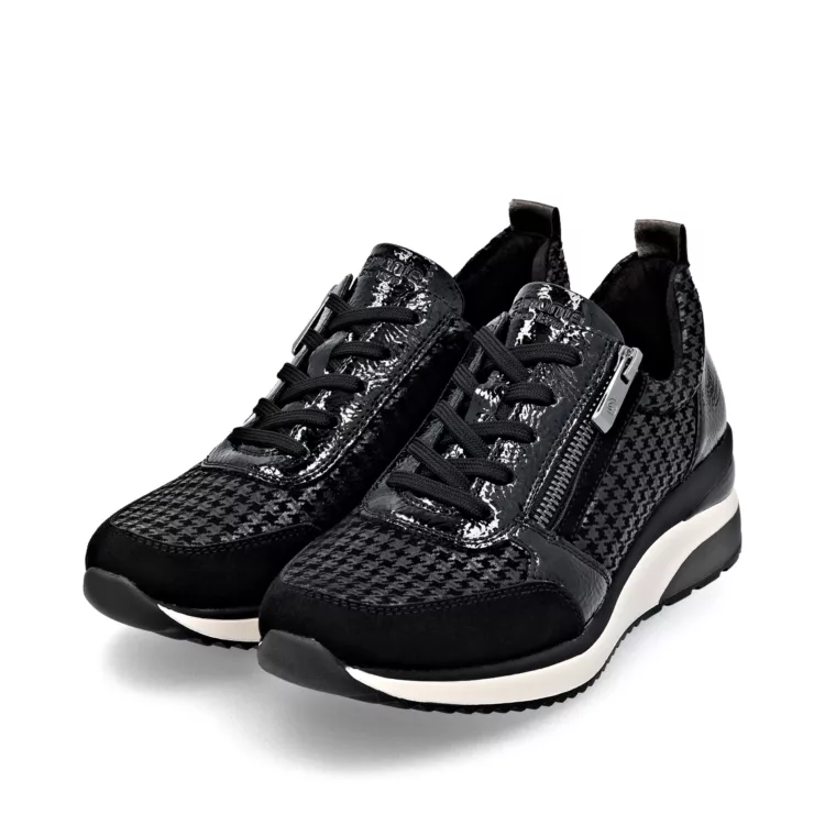 Baskets noires compensées pour femme de la marque Remonte. Référence D2401-08 Noir. Disponible chez Chauss'Family chaussures à Issoire.