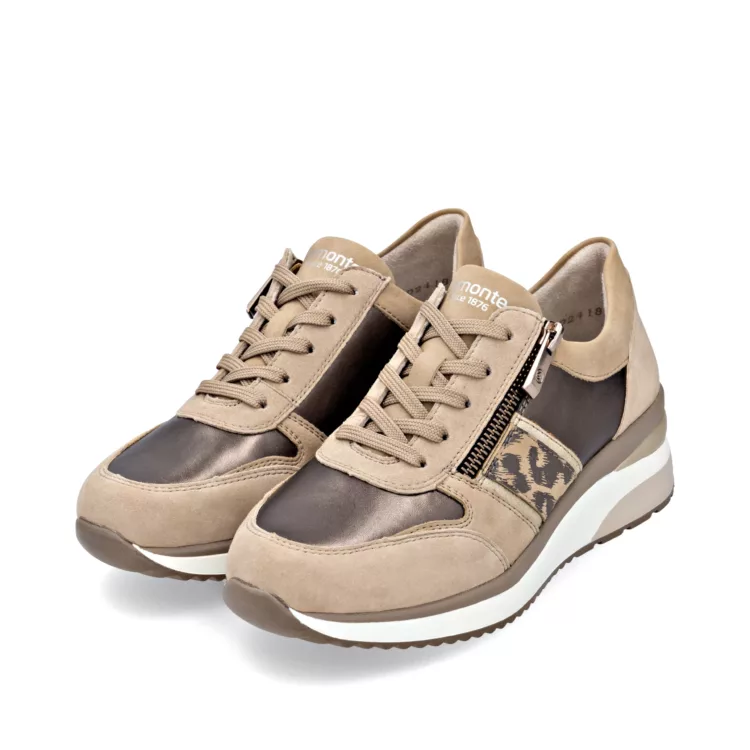 Baskets beiges et léopard compensées pour femme de la marque Remonte. Référence D2418-61 Beige. Disponible chez Chauss'Family chaussures à Issoire.