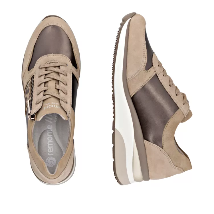 Baskets beiges et léopard compensées pour femme de la marque Remonte. Référence D2418-61 Beige. Disponible chez Chauss'Family chaussures à Issoire.