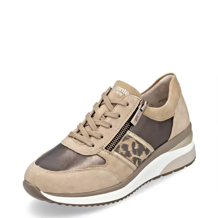Baskets beiges et léopard compensées pour femme de la marque Remonte. Référence D2418-61 Beige. Disponible chez Chauss'Family chaussures à Issoire.