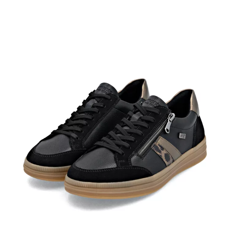 Baskets noires et léopard pour femme de la marque Remonte. Référence D2C04-03 Noir. Disponible chez Chauss'Family magasin de chaussures à Issoire.