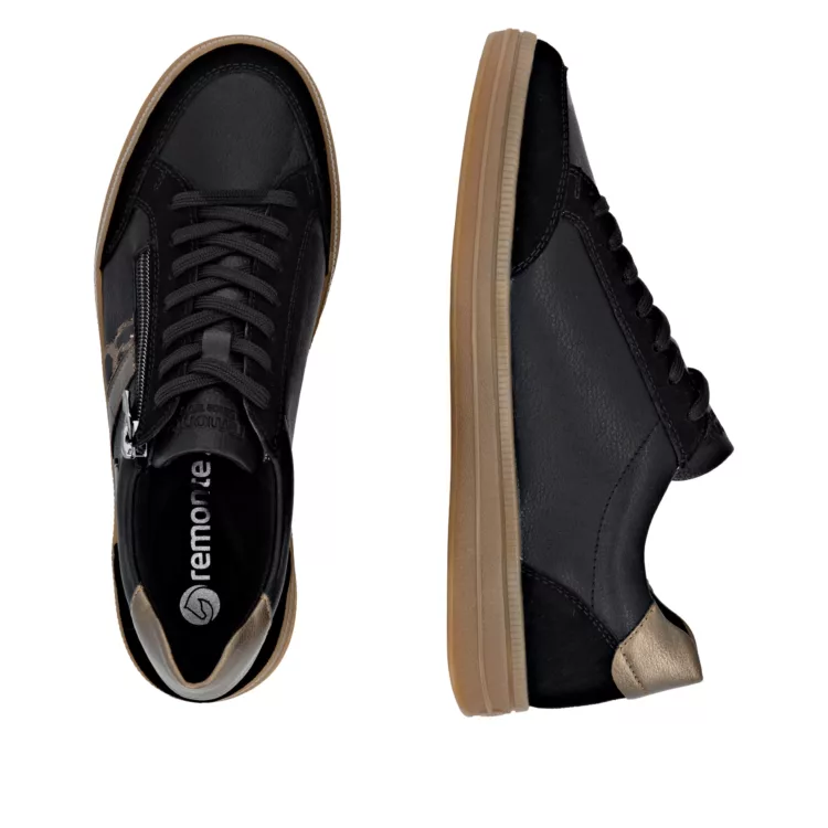 Baskets noires et léopard pour femme de la marque Remonte. Référence D2C04-03 Noir. Disponible chez Chauss'Family magasin de chaussures à Issoire.