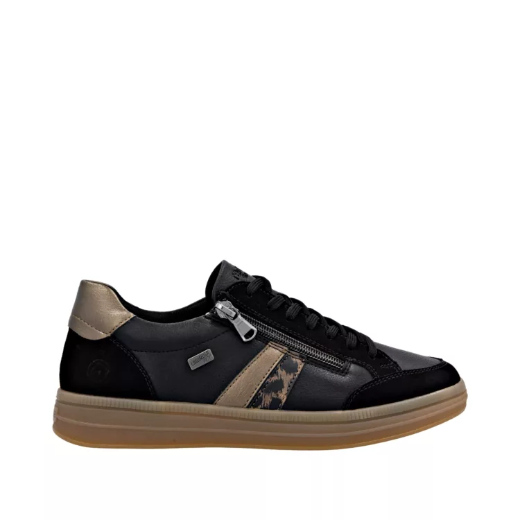 Baskets noires et léopard pour femme de la marque Remonte. Référence D2C04-03 Noir. Disponible chez Chauss'Family magasin de chaussures à Issoire.