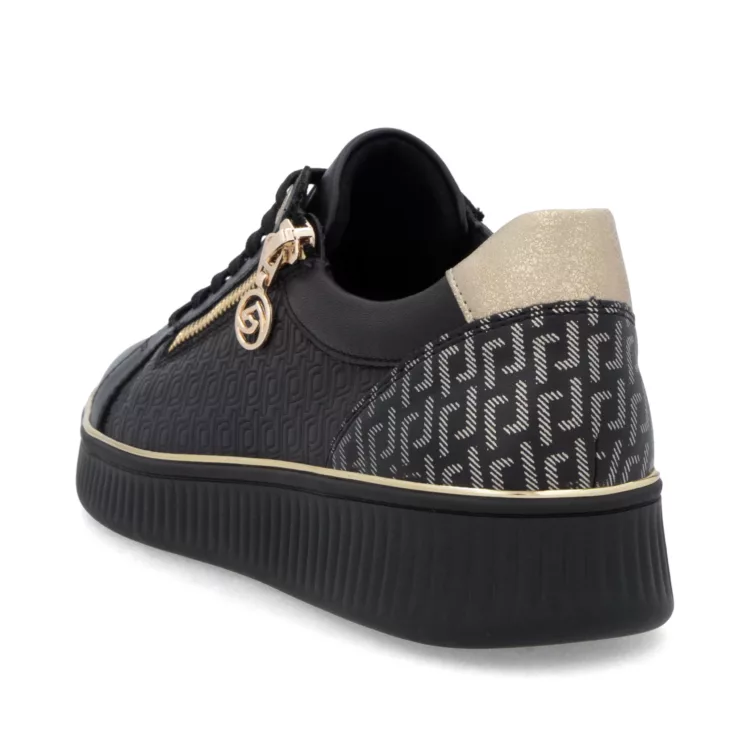 Baskets noires et monogramme pour femme de la marque Remonte. Référence D2E00-03 Noir. Disponible chez Chauss'Family magasin de chaussures à Issoire.