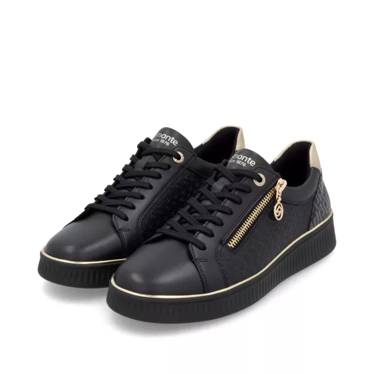 Baskets noires et monogramme pour femme de la marque Remonte. Référence D2E00-03 Noir. Disponible chez Chauss'Family magasin de chaussures à Issoire.
