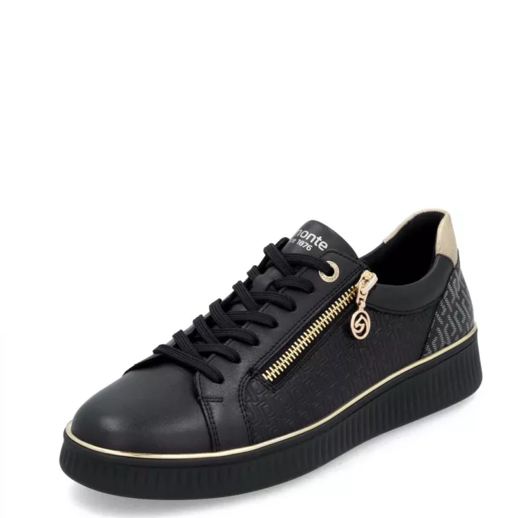 Baskets noires et monogramme pour femme de la marque Remonte. Référence D2E00-03 Noir. Disponible chez Chauss'Family magasin de chaussures à Issoire.