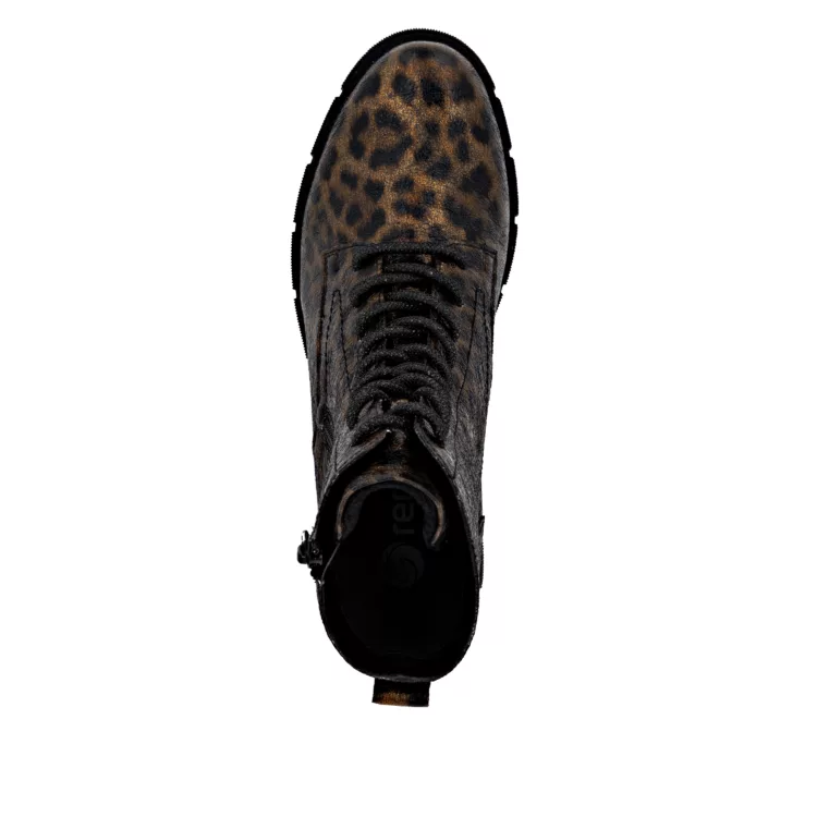 Bottines léopard à lacets pour femme marque Remonte. Référence D2S72-90 Multi. Disponible chez Chauss'Family magasin de chaussures Issoire.