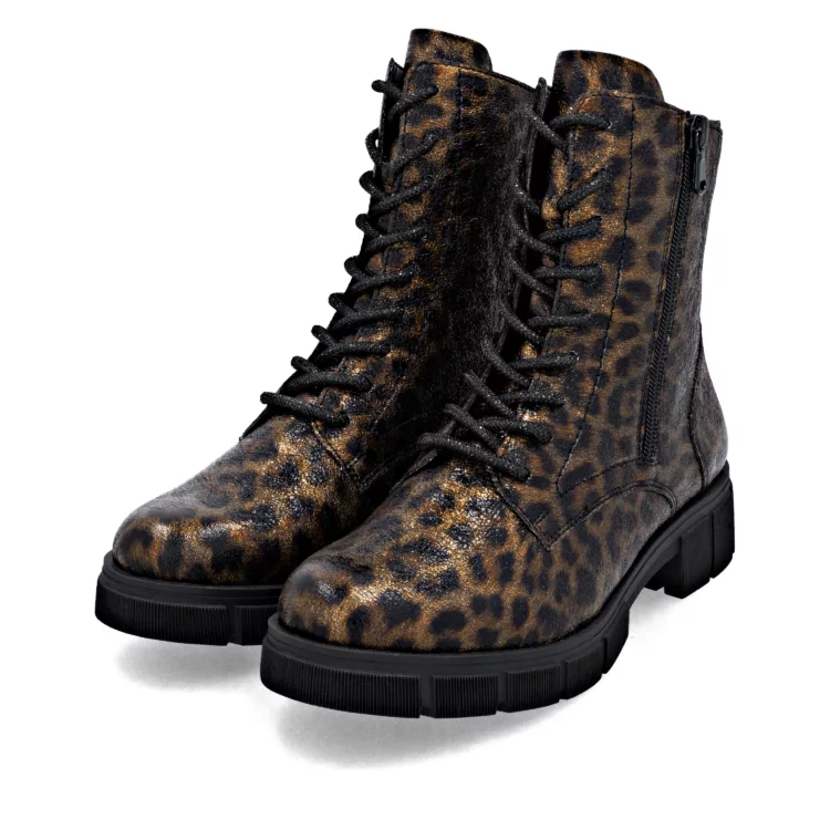 Bottines léopard à lacets pour femme marque Remonte. Référence D2S72-90 Multi. Disponible chez Chauss'Family magasin de chaussures Issoire.