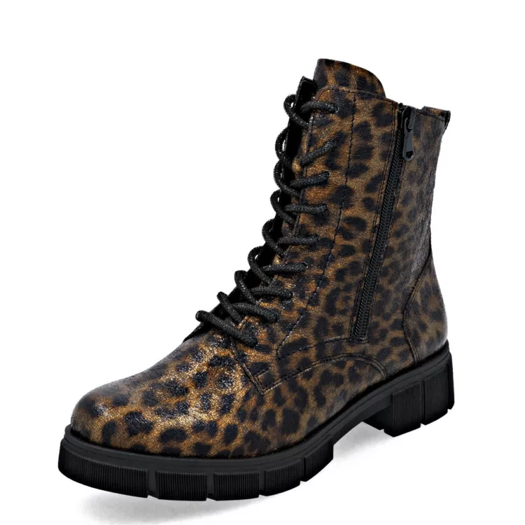 Bottines léopard à lacets pour femme marque Remonte. Référence D2S72-90 Multi. Disponible chez Chauss'Family magasin de chaussures Issoire.