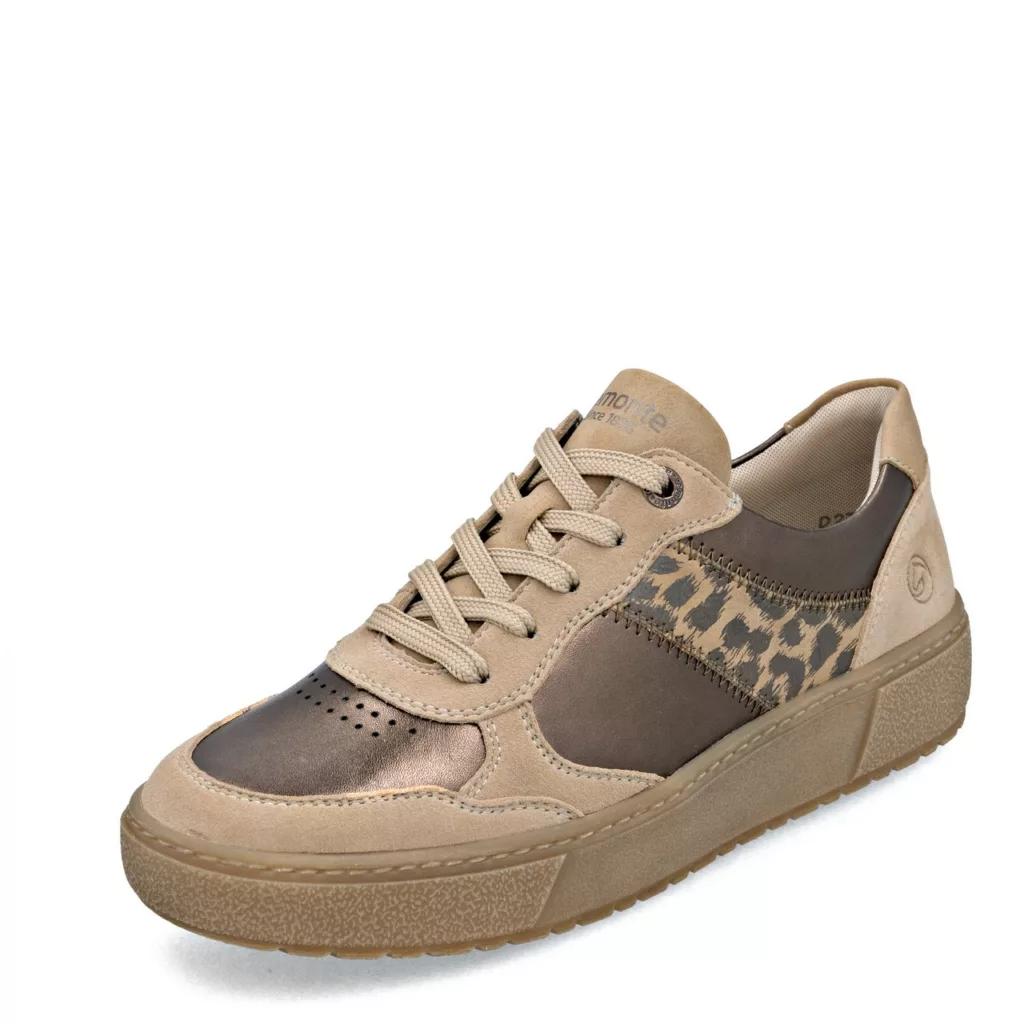 Baskets beiges et léopard pour femme de la marque Remonte. Référence D2T01-61 Beige. Disponible chez Chauss'Family magasin de chaussures à Issoire.