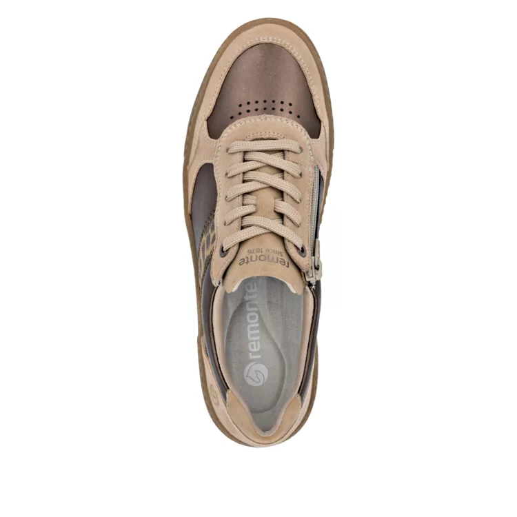 Baskets beiges et léopard pour femme de la marque Remonte. Référence D2T01-61 Beige. Disponible chez Chauss'Family magasin de chaussures à Issoire.
