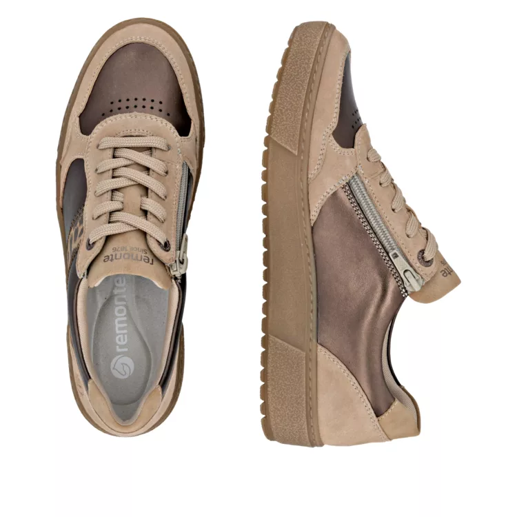 Baskets beiges et léopard pour femme de la marque Remonte. Référence D2T01-61 Beige. Disponible chez Chauss'Family magasin de chaussures à Issoire.