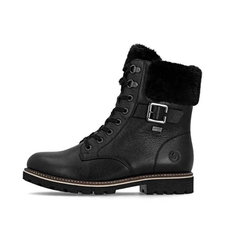 Bottines noires à lacets pour femme marque Remonte. Référence D8481-00 Noir. Disponible chez Chauss'Family magasin de chaussures Issoire.