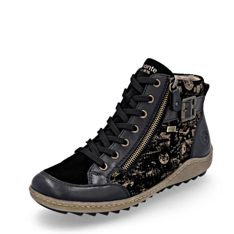 Baskets montantes noir et bronze pour femme marque Remonte. Référence R1441-03 Noir. Disponible chez Chauss'Family magasin de chaussures à Issoire.