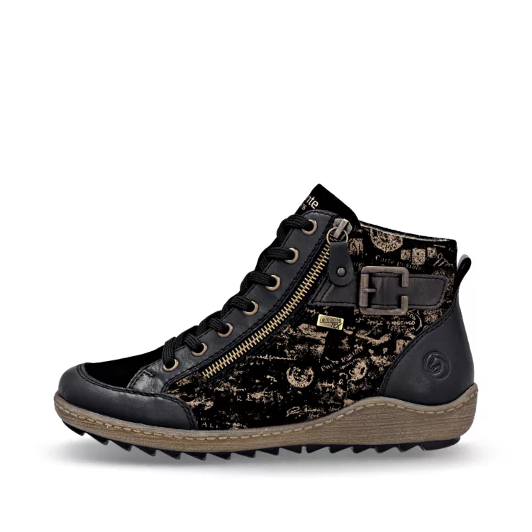 Baskets montantes noir et bronze pour femme marque Remonte. Référence R1441-03 Noir. Disponible chez Chauss'Family magasin de chaussures à Issoire.