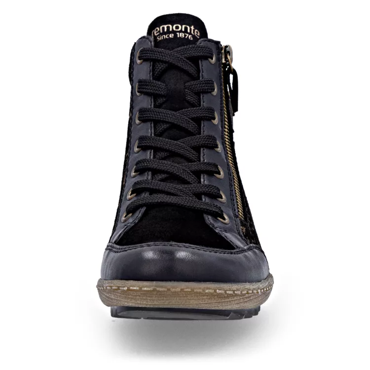 Baskets montantes noir et bronze pour femme marque Remonte. Référence R1441-03 Noir. Disponible chez Chauss'Family magasin de chaussures à Issoire.