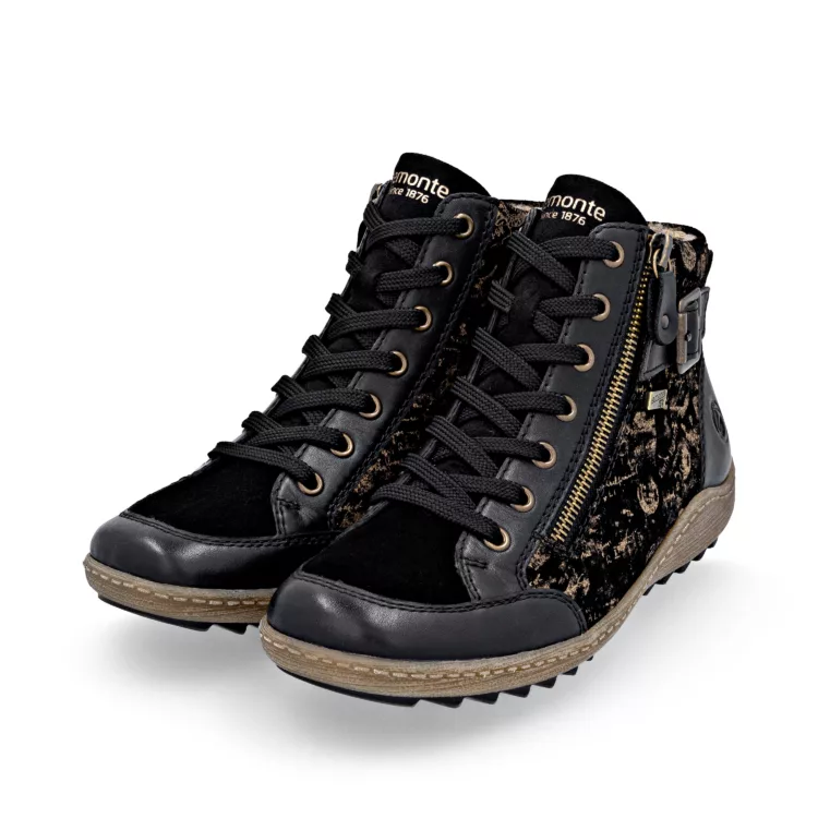 Baskets montantes noir et bronze pour femme marque Remonte. Référence R1441-03 Noir. Disponible chez Chauss'Family magasin de chaussures à Issoire.