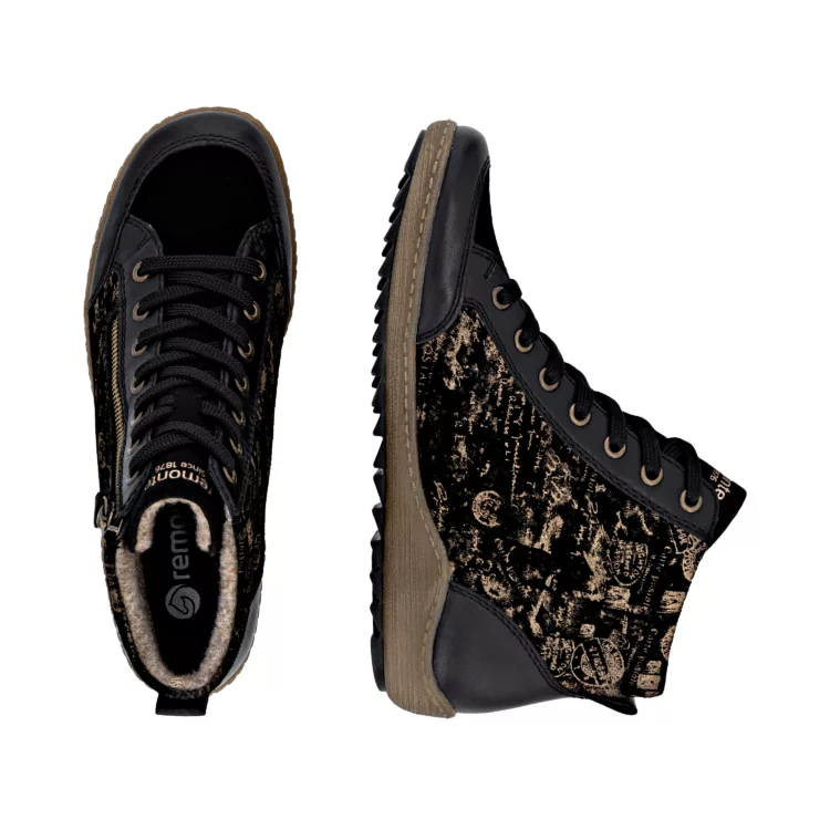 Baskets montantes noir et bronze pour femme marque Remonte. Référence R1441-03 Noir. Disponible chez Chauss'Family magasin de chaussures à Issoire.