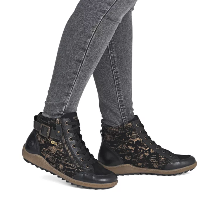 Baskets montantes noir et bronze pour femme marque Remonte. Référence R1441-03 Noir. Disponible chez Chauss'Family magasin de chaussures à Issoire.