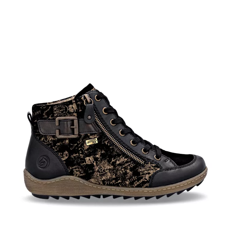 Baskets montantes noir et bronze pour femme marque Remonte. Référence R1441-03 Noir. Disponible chez Chauss'Family magasin de chaussures à Issoire.