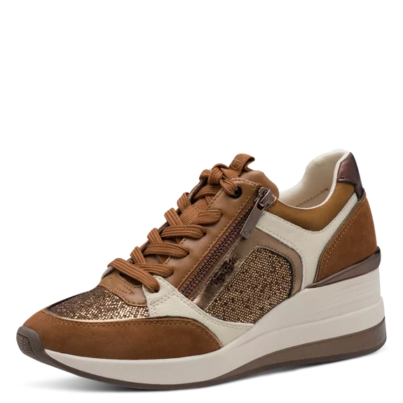 Baskets compensées marron Tamaris pour femme. Référence 23703-41 392 Cognac Comb. Disponible chez Chauss'Family magasin de chaussures à Issoire.