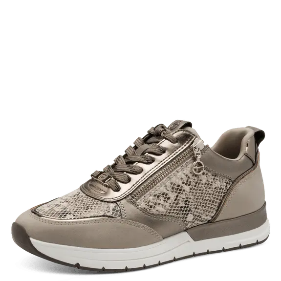 Baskets motif python de la marque Tamaris pour femme. Référence 23732-41 393 Taupe/Snake. Disponible chez Chauss'Family magasin de chaussures à Issoire.
