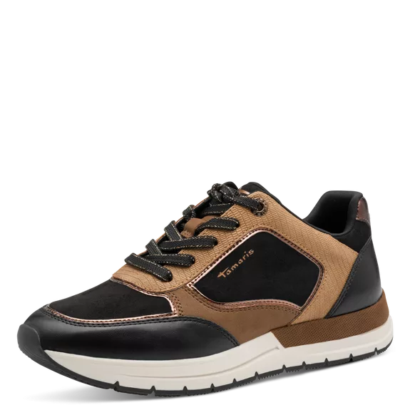 Baskets noires et marron de la marque Tamaris pour femme. Référence 23768-45 098 Black Comb. Disponible chez Chauss'Family magasin de chaussures à Issoire.