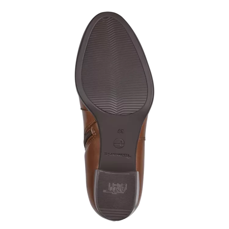 Bottines marron à talons de la marque Tamaris pour femme. Référence : 25042-41 305 Cognac . Disponible chez Chauss'Family magasin de chaussures à Issoire.