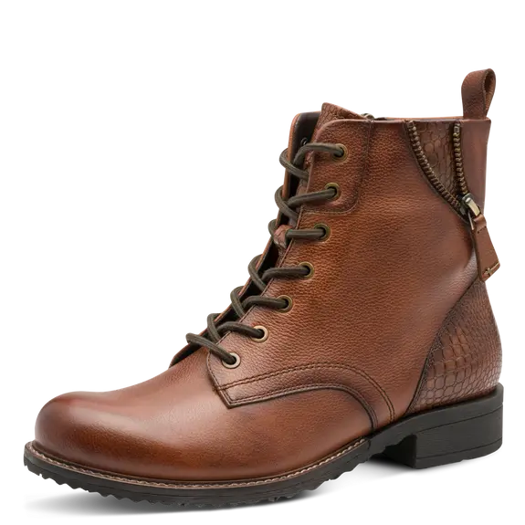 Bottines marron à lacets de la marque Tamaris pour femme. Référence : 25273-45 305 Cognac. Disponible chez Chauss'Family magasin de chaussure à Issoire.
