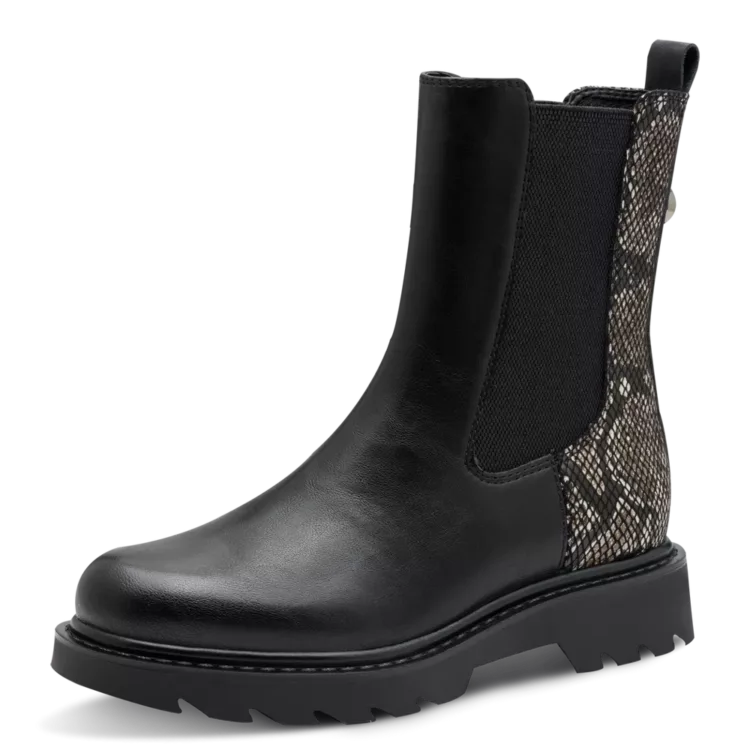 Bottines chelsea noires et python de la marque Tamaris. Référence : 25411-45 073 Black Snake. Disponible chez Chauss'Family magasin de chaussures à Issoire.