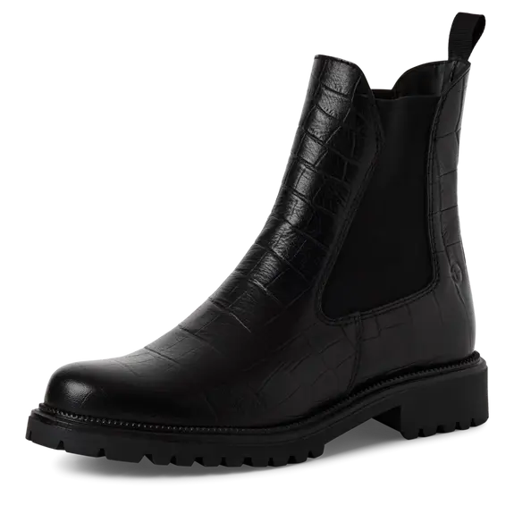 Bottines chelsea croco noir de la marque Tamaris. Référence : 25427-41 028 Black Croco. Disponible chez Chauss'Family magasin de chaussures à Issoire.