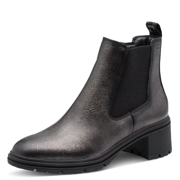 Bottines chelsea à talons de la marque Tamaris pour femme. Référence : 25456-43 915 Pewter. Disponible chez Chauss'Family magasin de chaussures à Issoire.