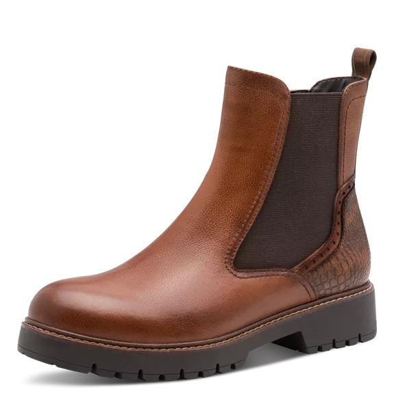 Bottines chelsea marron de la marque Tamaris. Référence :25466-45 348 Cognac Leather. Disponible chez Chauss'Family magasin de chaussures à Issoire.