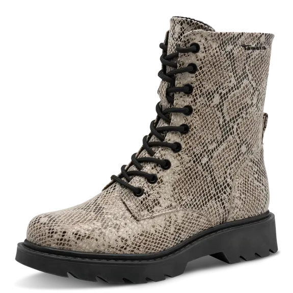 Bottines python à lacets de la marque Tamaris. Référence : 25918-43 483  Beige . Disponible chez Chauss'Family magasin de chaussures à Issoire.