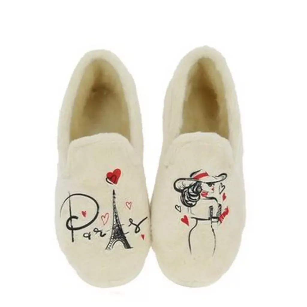 Charentaises motif Paris La maison de l'espadrille pour femme. Référence : 6505 Ecru. Disponible chez Chauss'Family magasin de chaussures à Issoire.