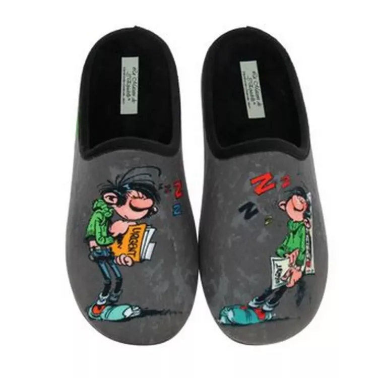 Mules motif Gaston Lagaffe pour homme marque La maison de l'espadrille. Référence G513 Noir. Disponible chez Chauss'Family magasin chaussures à Issoire.