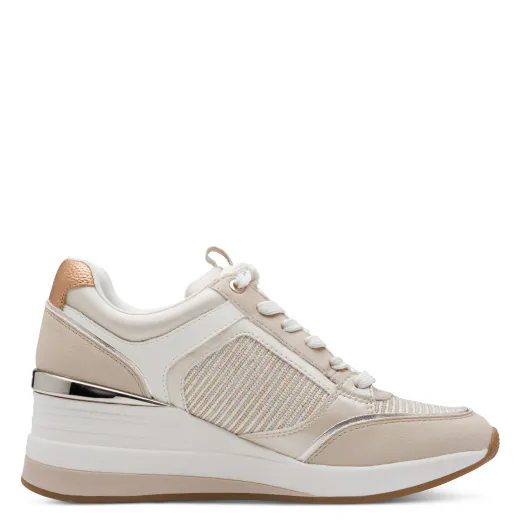 Baskets compensées beiges pour femme de la marque Tamaris. Référence : 23703-41 402 Beige Comb. Disponible chez Chauss'Family magasin de chaussures Issoire.