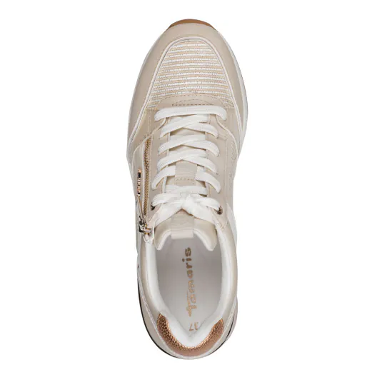 Baskets compensées beiges pour femme de la marque Tamaris. Référence : 23703-41 402 Beige Comb. Disponible chez Chauss'Family magasin de chaussures Issoire.